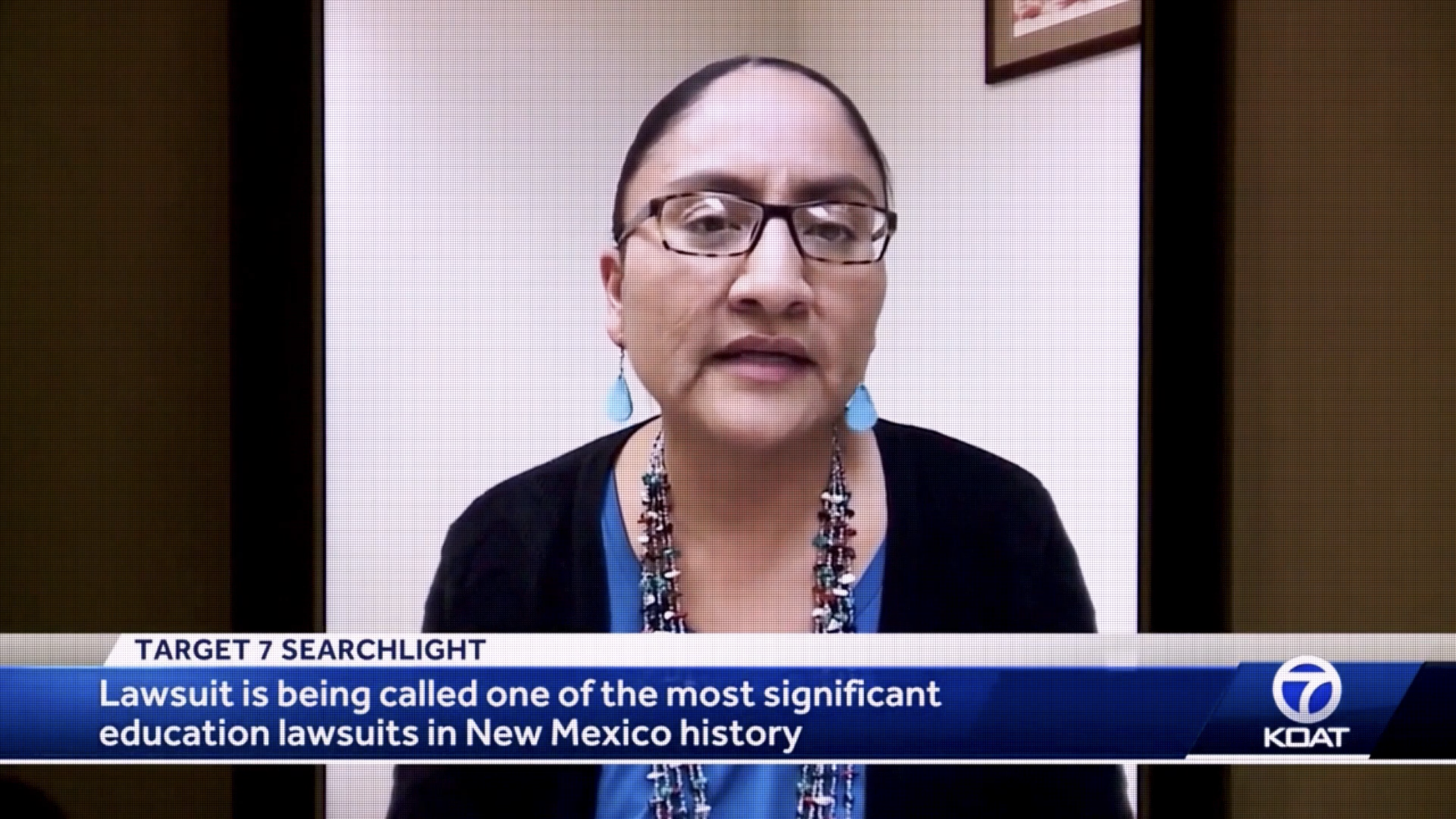 Wilhelmina Yazzie is interviewed by a local 
    TV news channel about her landmark lawsuit.